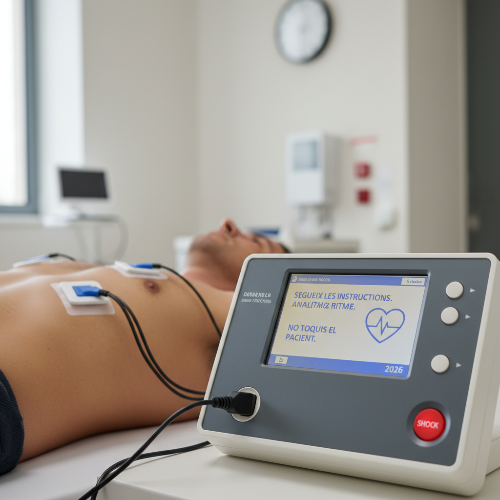 Un desfibrilador DEA en funcionament, mostrant els elèctrodes connectats a un tòrax i la pantalla amb instruccions, simbolitzant la cardioprotecció el 2026.